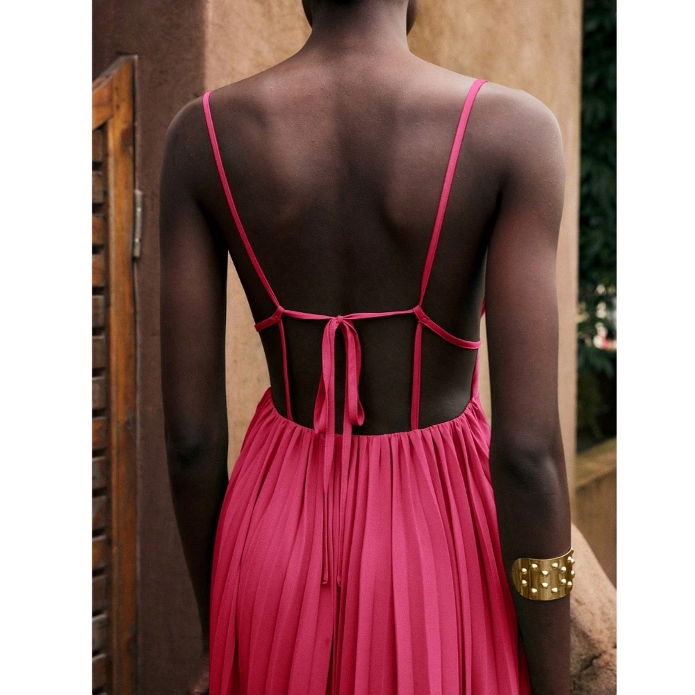 Pink Pleated Maxi Babydoll Dress Open Back Flowy Skirt Tie Straps - Picture 8 of 11